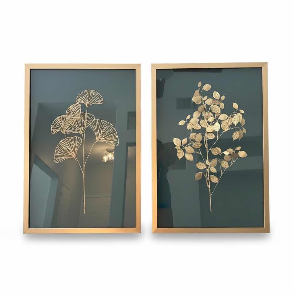 Photo 1 of (2)PCS FRAMED ARTWORK GINKO GOLD LEAVES IN GOLD FRAME 26”X17.5”