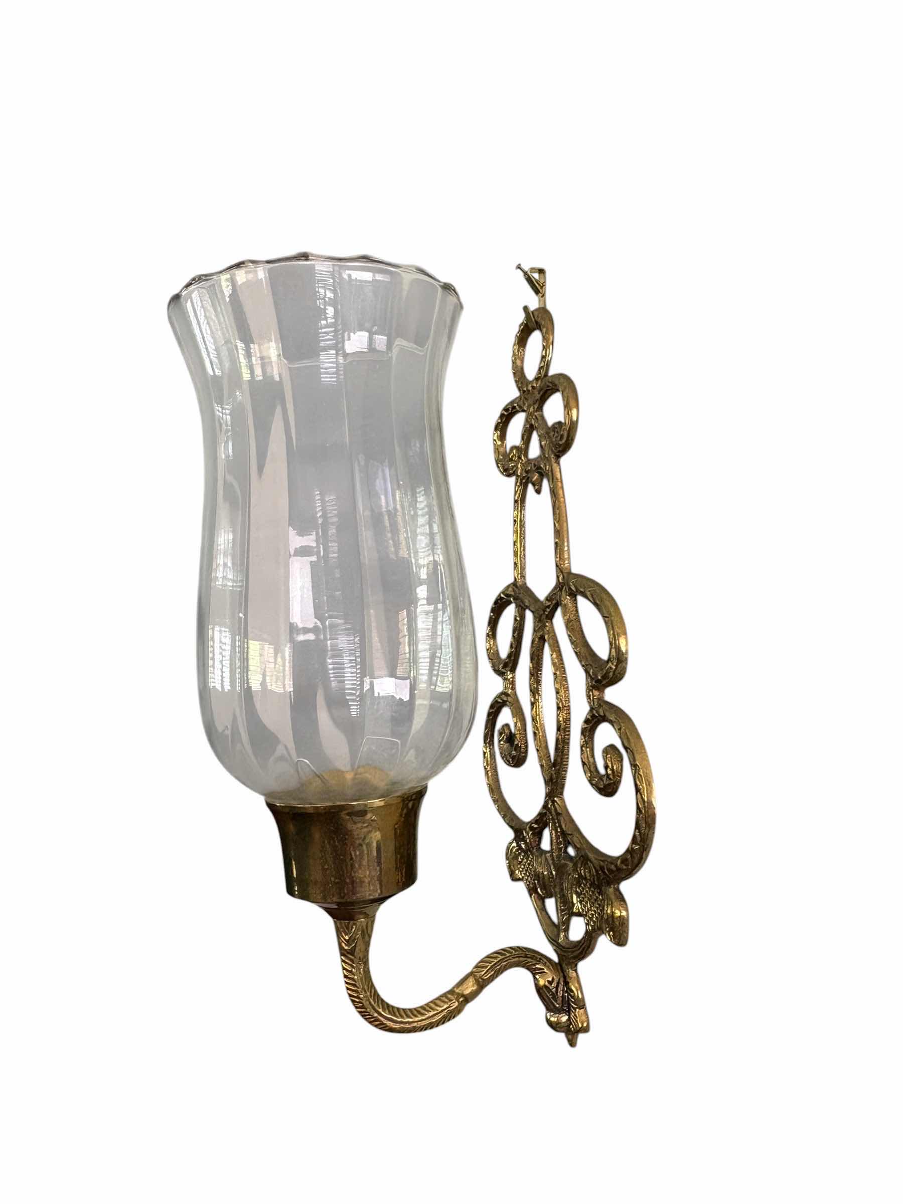 Photo 1 of (2)PCS VINTAGE BRASS SCONCES W FLUTES GLASS HURRICANE SHADES H9.5”