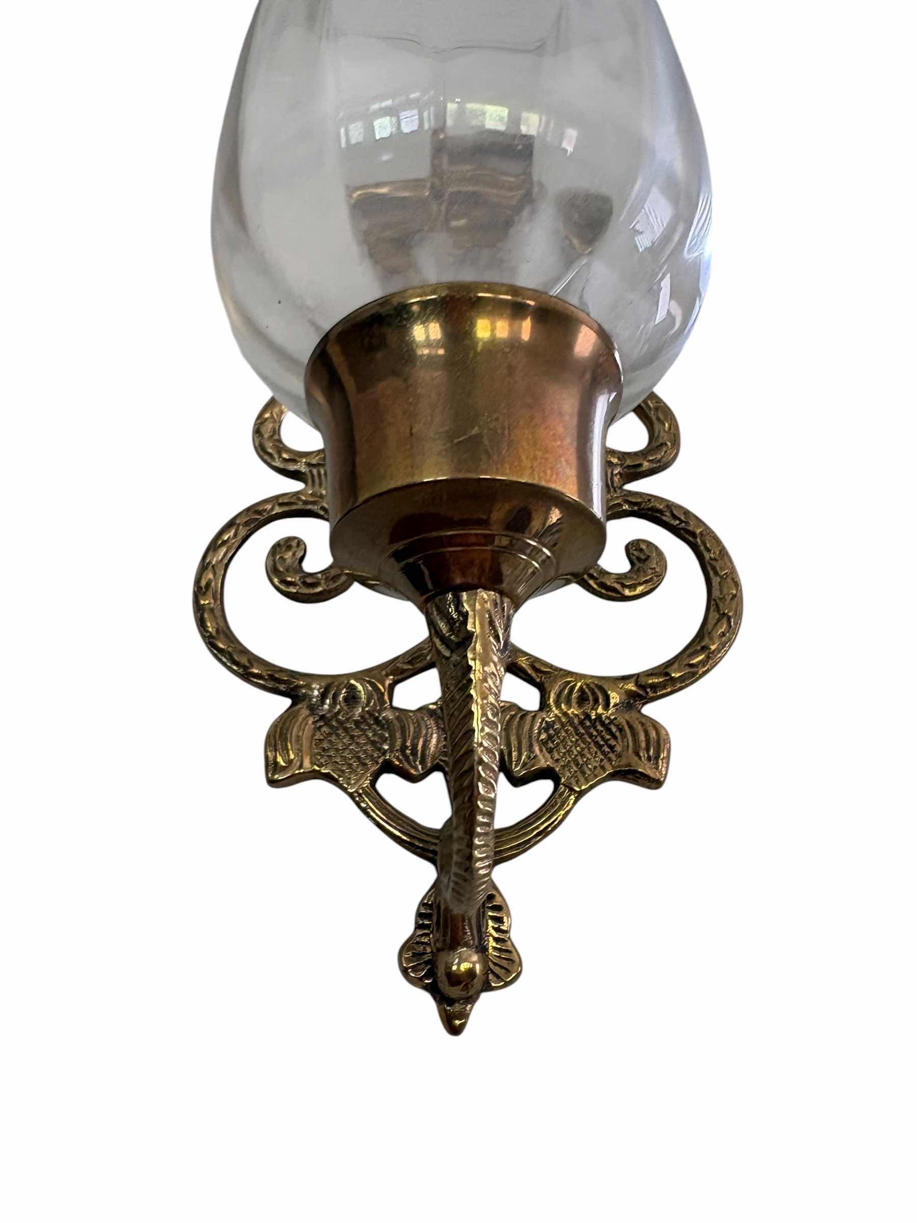 Photo 1 of (2)PCS VINTAGE BRASS SCONCES W FLUTES GLASS HURRICANE SHADES H9.5”