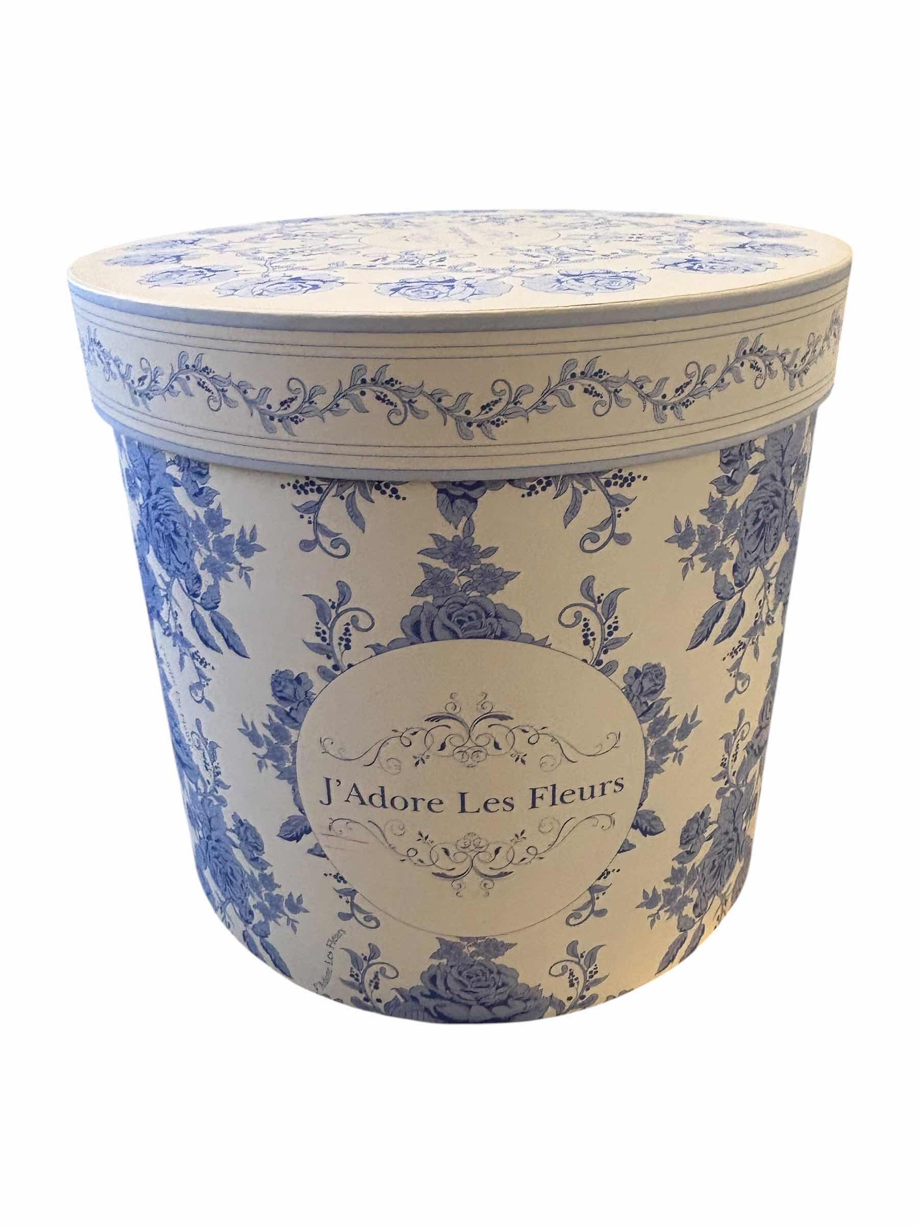Photo 1 of J’ADORE LES FLUERS BLUE FLORAL HAT CONTAINER W FABRIC HANDLE H10”
