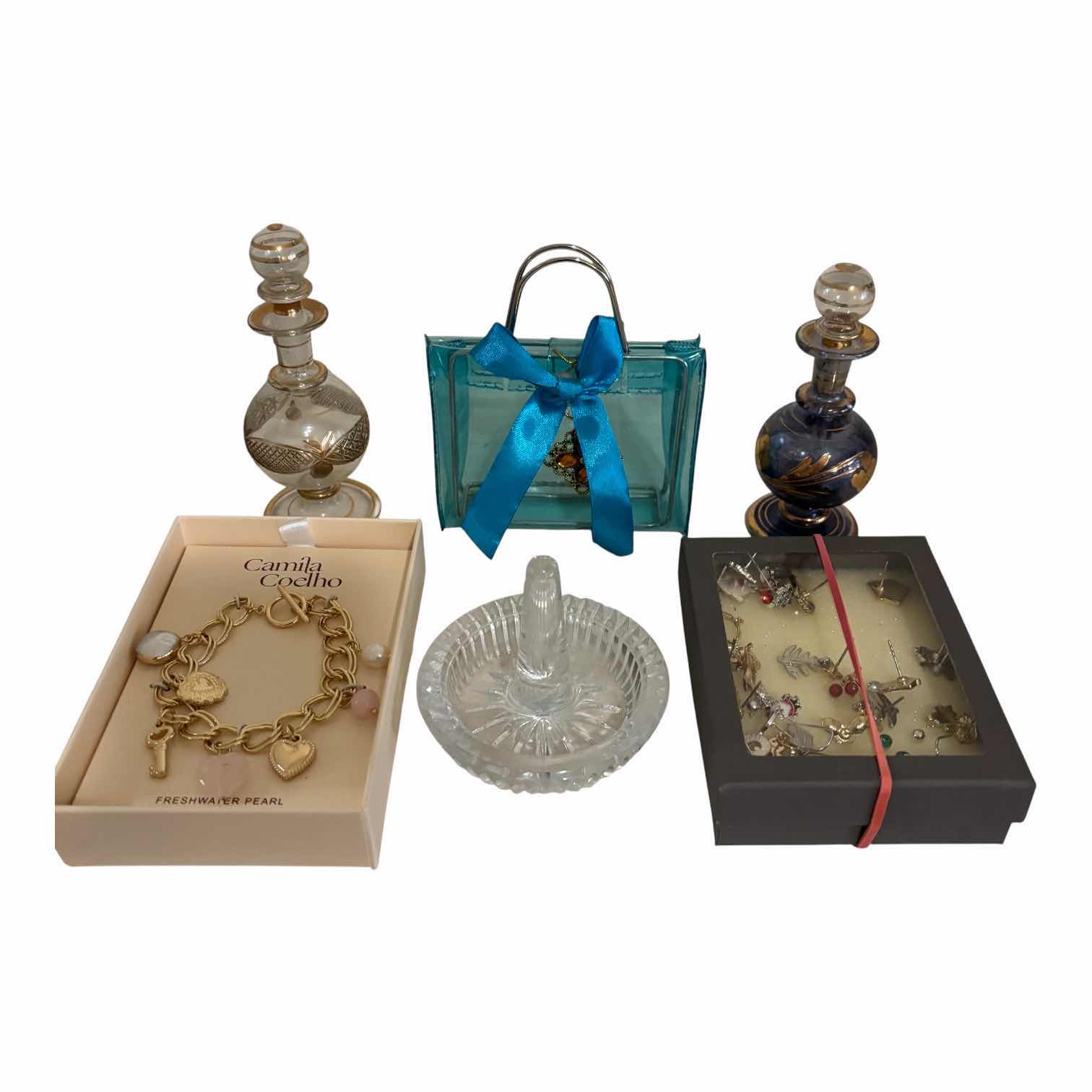 Photo 1 of VINTAGE PERFUME BOTTLES, JEWELRY, RING HOLDER & SMALL PURSE DECOR