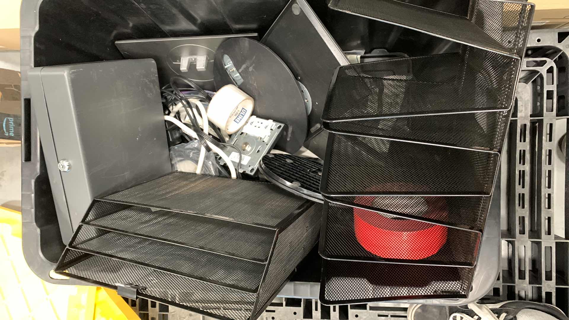 Photo 1 of CONTAINER OF MONITOR STANDS, LOCK BOX WITH KEY AND OFFICE MATERIALS