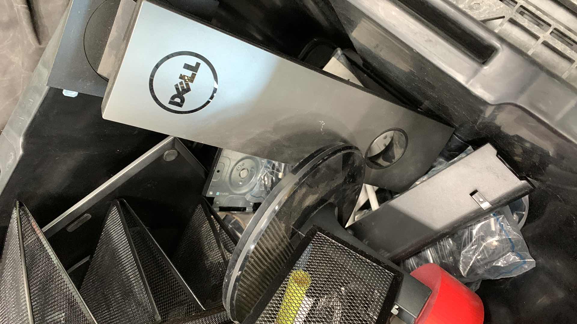 Photo 1 of CONTAINER OF MONITOR STANDS, LOCK BOX WITH KEY AND OFFICE MATERIALS