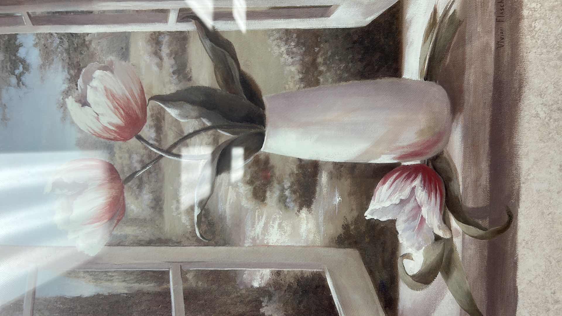 Photo 1 of FRAMED FLORAL PRINT " VINTAGE TULIPS IN WINDOW" 20"X 23"