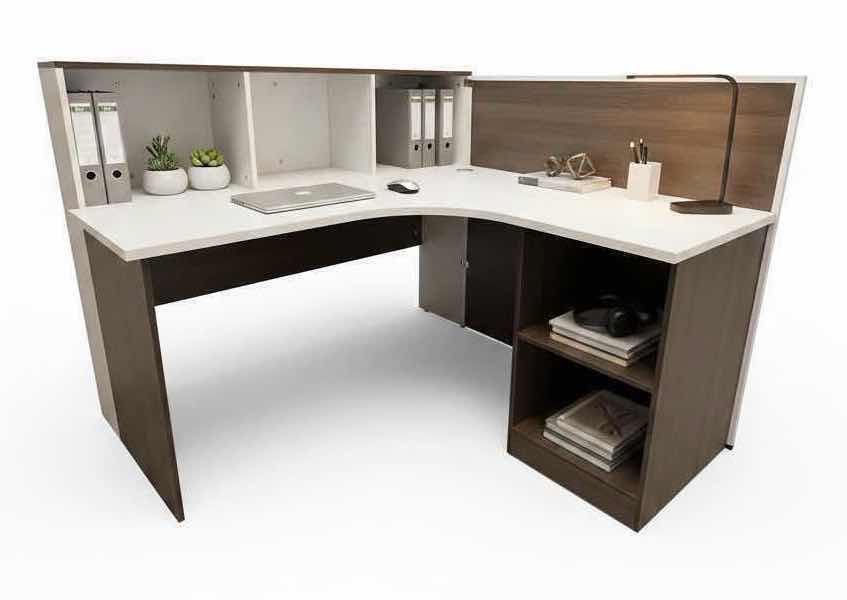 Photo 1 of L-SHAPED RECEPTION DESK DURABLE LAMINATE SURFACE W REVERSIBLE DESIGN 55.5”x59” H43”