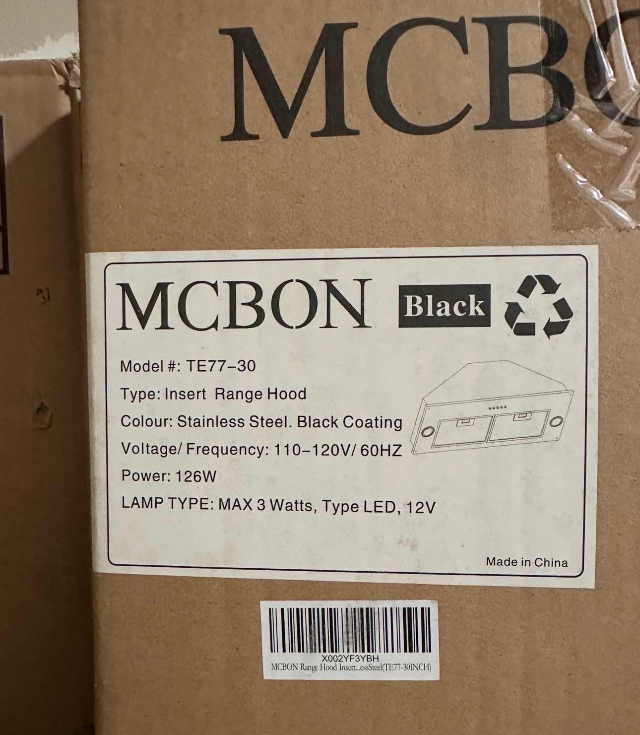 Photo 1 of NIB MCBON 30” STAINLESS STEEL BLACK COATING BUILT-IN RANGE HOOD TE77-30-BLACK
