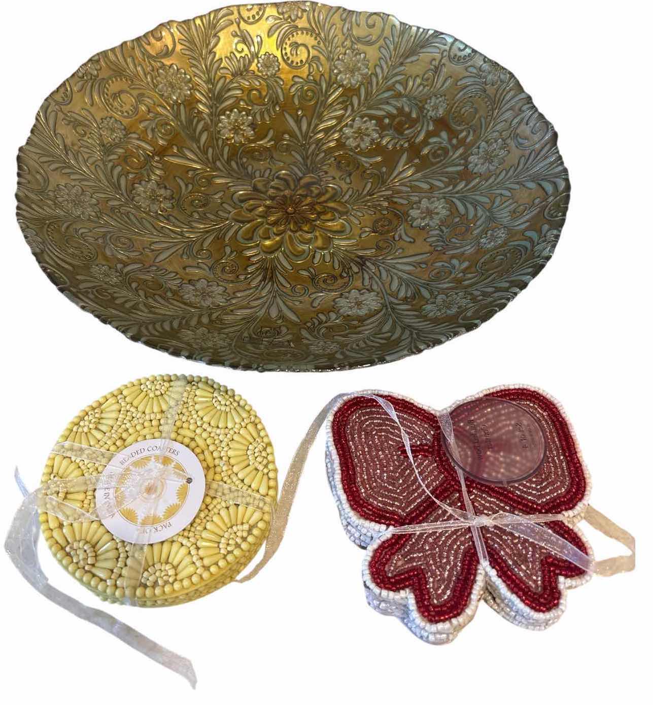 Photo 1 of DECORATIVE EMBOSSED FLORAL SERVING PLATTER WITH BEADED COASTER SETS D13”