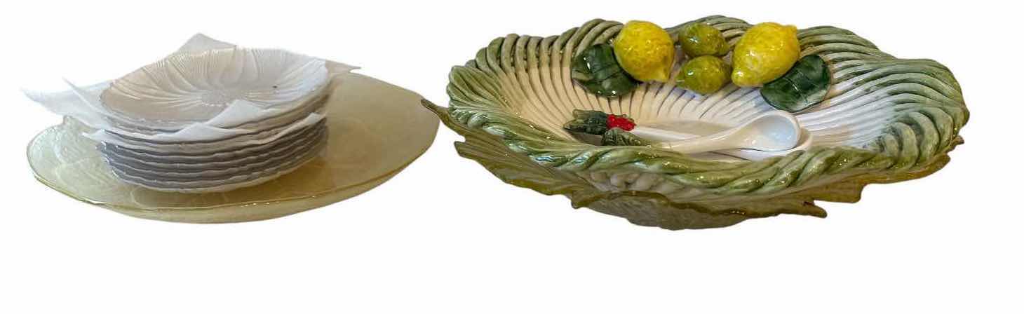 Photo 1 of (11)PCS SERVING-WARE -LEMON CERAMIC BOWL, GLASS FLORAL PLATES & SERVING PLATTER D11”