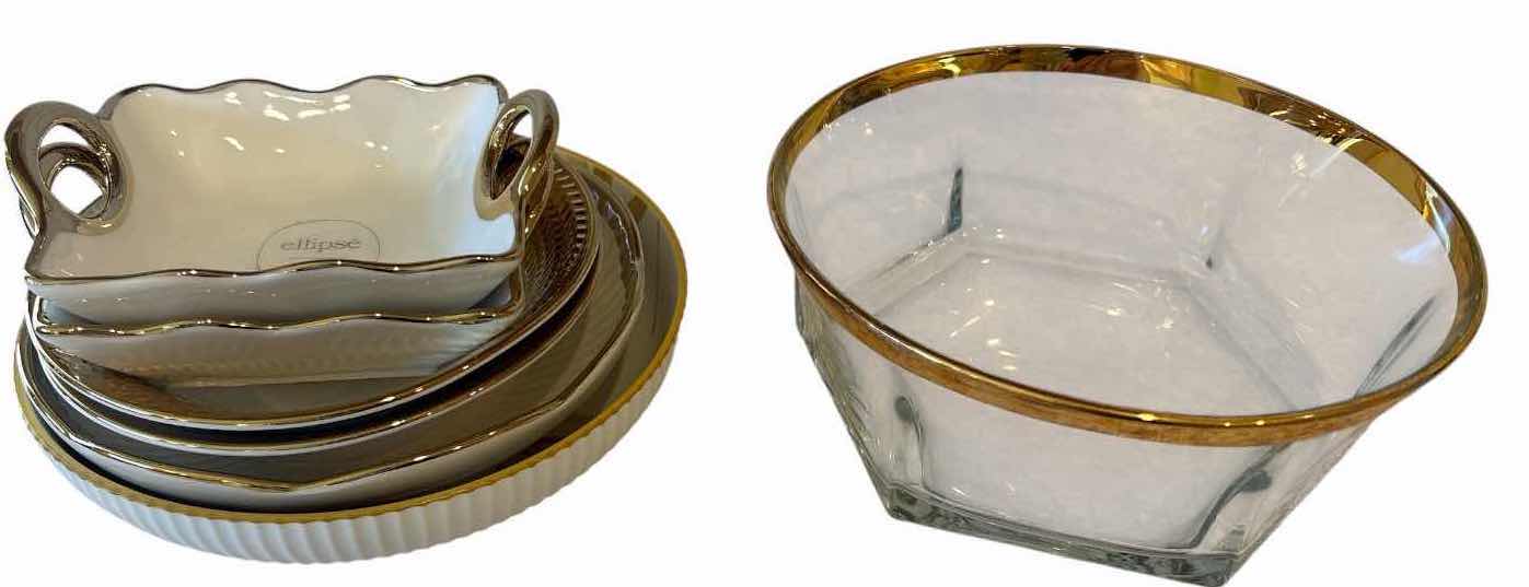 Photo 1 of (7)PCS TABLEWARE GOLD-TRIMMED SERVING DISHES & GLASS BOWL D8.5”