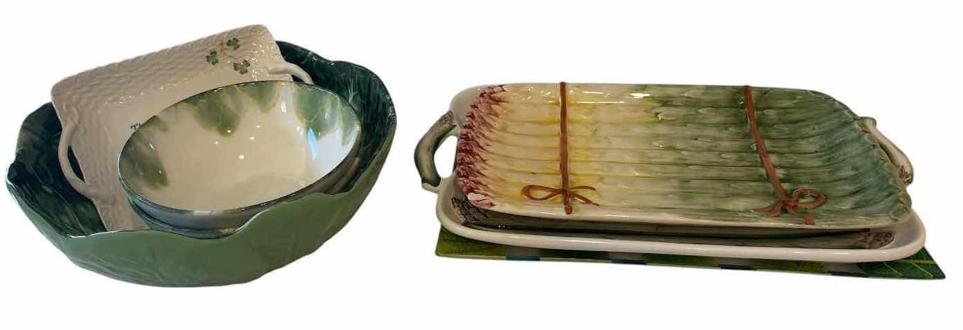 Photo 1 of (7)PCS CERAMIC SERVINGWARE LOT – ASPARAGUS PLATTERS, LEAF BOWL & DECORATIVE DISHES D7”