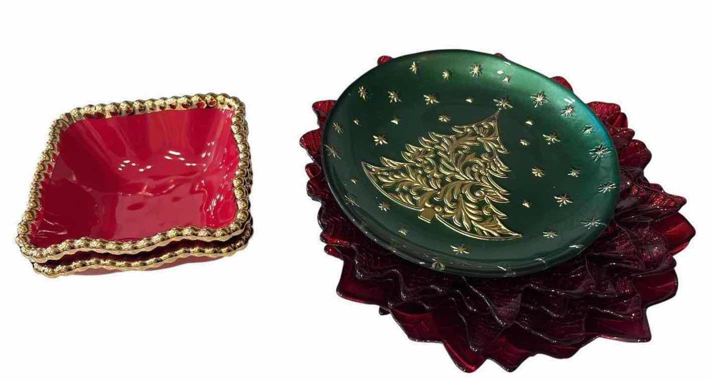 Photo 1 of (18)PCS CHRISTMAS HOLIDAY SERVINGWARE - RED GLASS PLATTERS, GOLD-TRIMMED BOWLS, POINSETTIA PLATES & BEADED COASTERS D8.5”