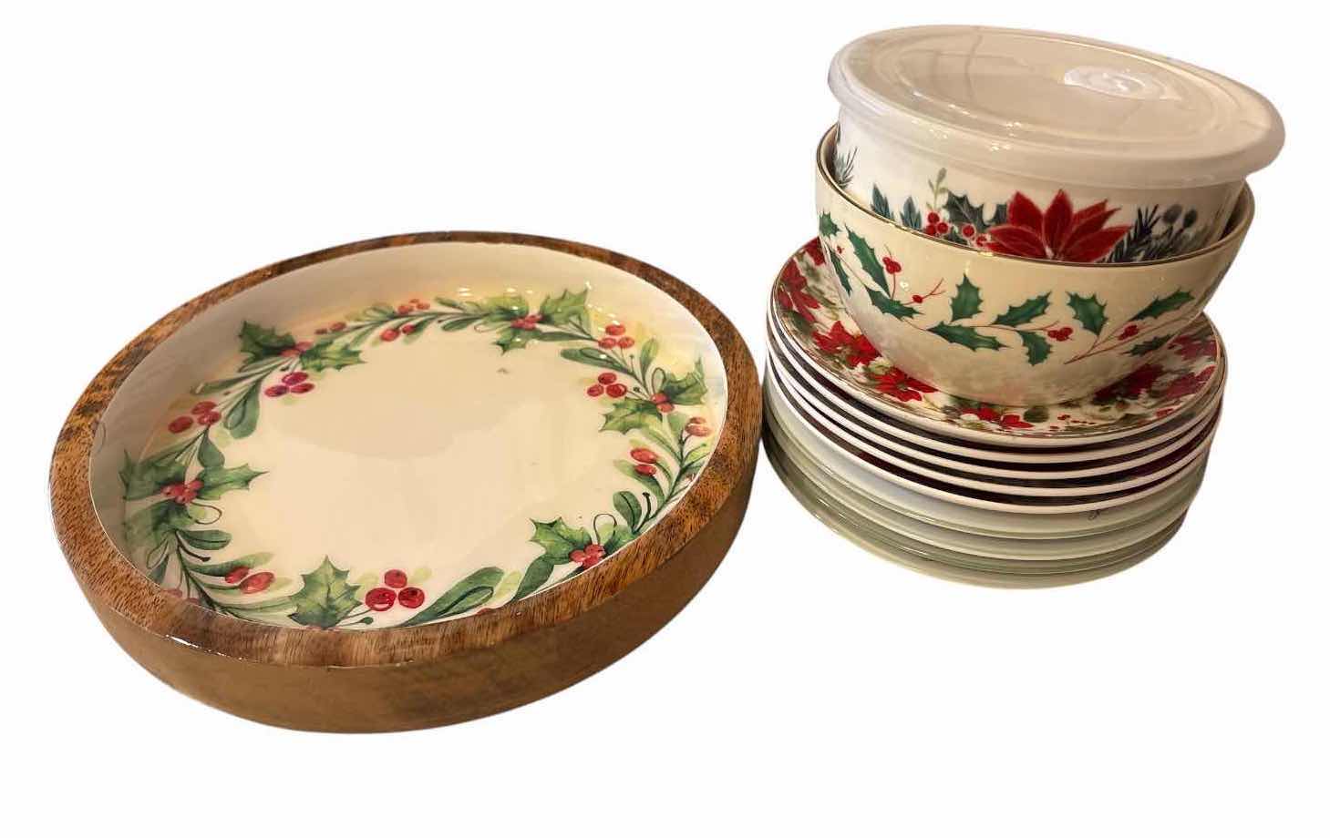 Photo 1 of (12)PCS CHRISTMAS DINNERWARE & SERVINGWARE- POINSETTIA, HOLLY & BERRY DESIGNS D9.5”