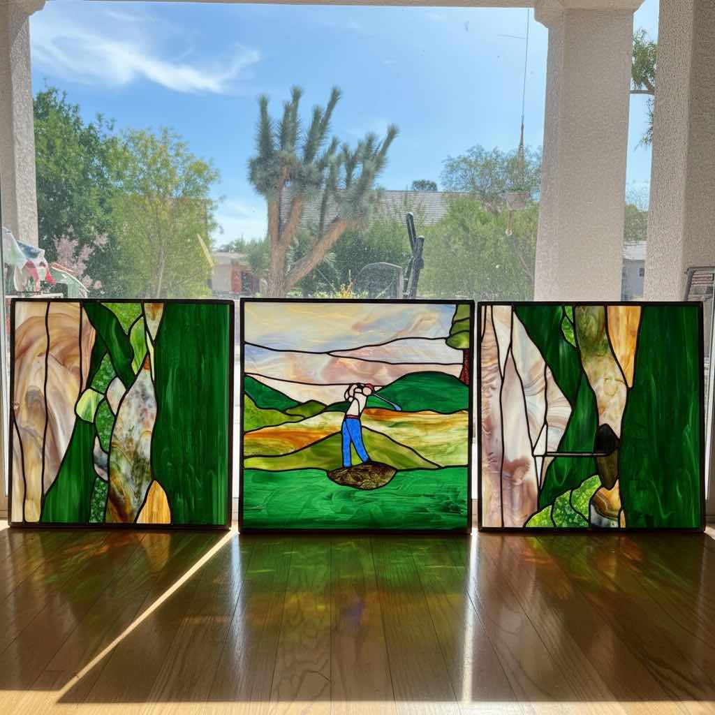 Photo 1 of HANDCRAFTED STAINED GLASS ART PANELS – BOTANICAL & GOLF SCENE 23”X22.5”
