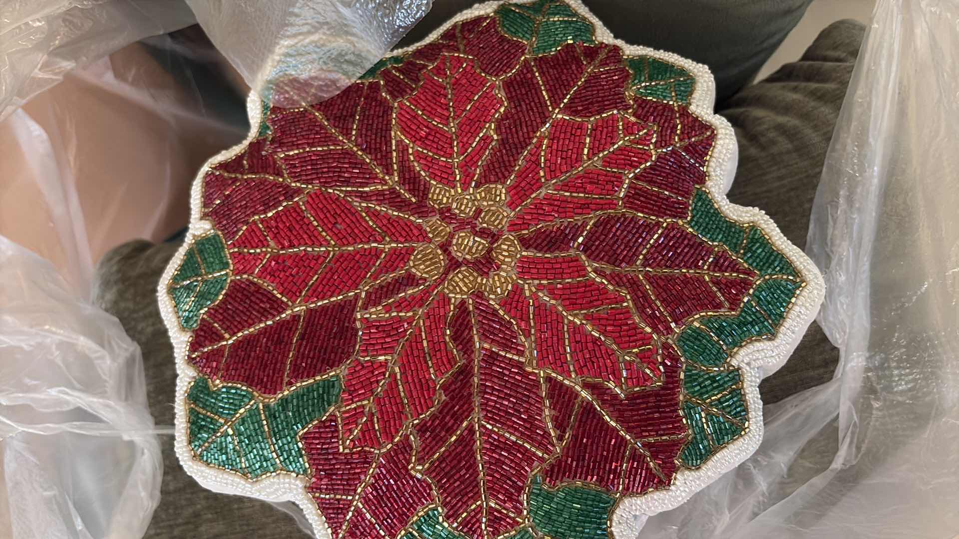 Photo 1 of LARGE BAG OF DECORATIVE THROW PILLOWS-POINSETTIA,  LIGHT BLUE & MORE