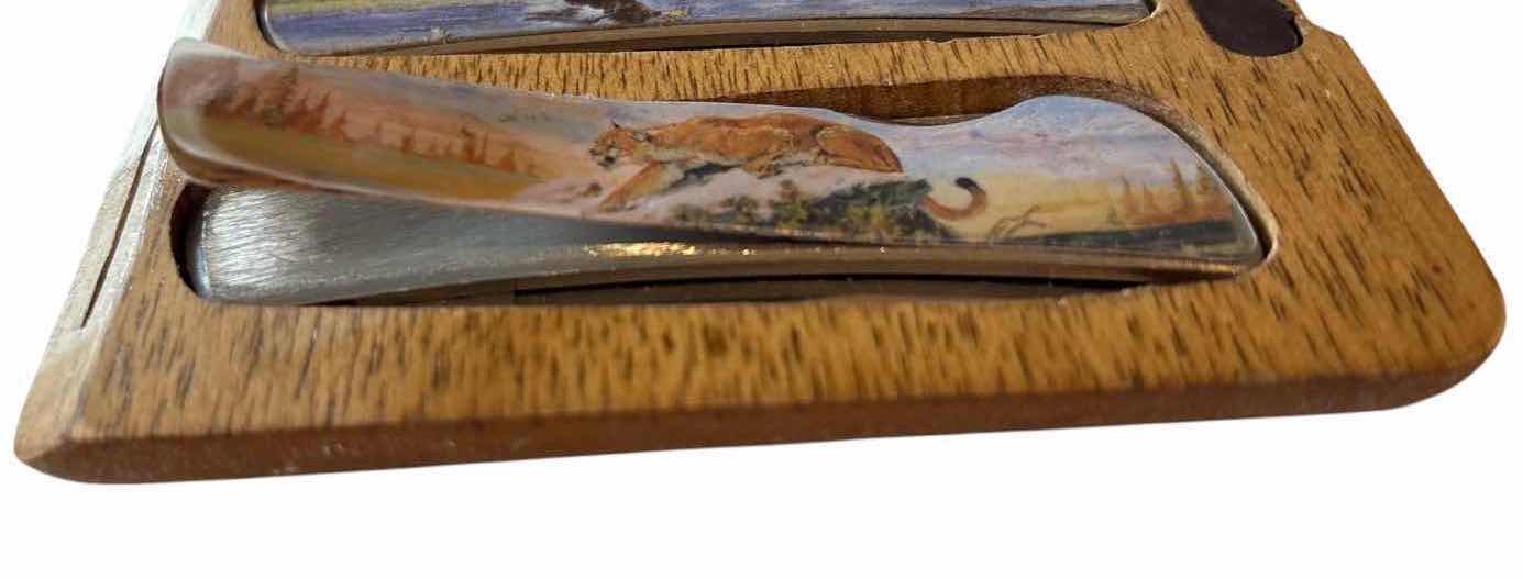 Photo 1 of (3)PCS WILDLIFE FOLDING POCKET KNIFE SET WITH WOOD CASE L6"