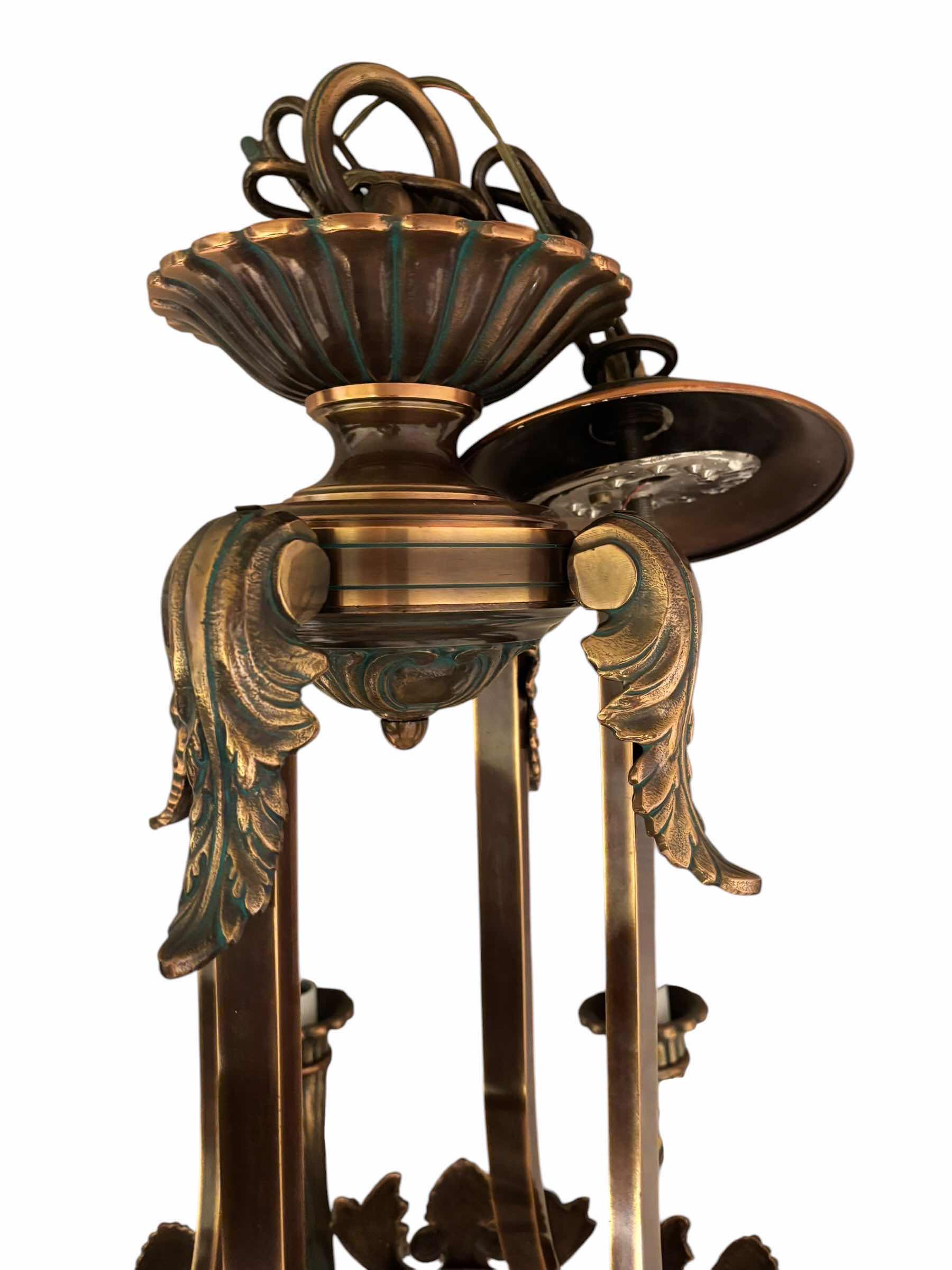Photo 1 of ORNATE BRASS CHANDELIER 20”D OF LIGHT BOWL, 38” HANGING LENGTH WITH BOX OF SMALL LIGHT BOWLS & BULBS