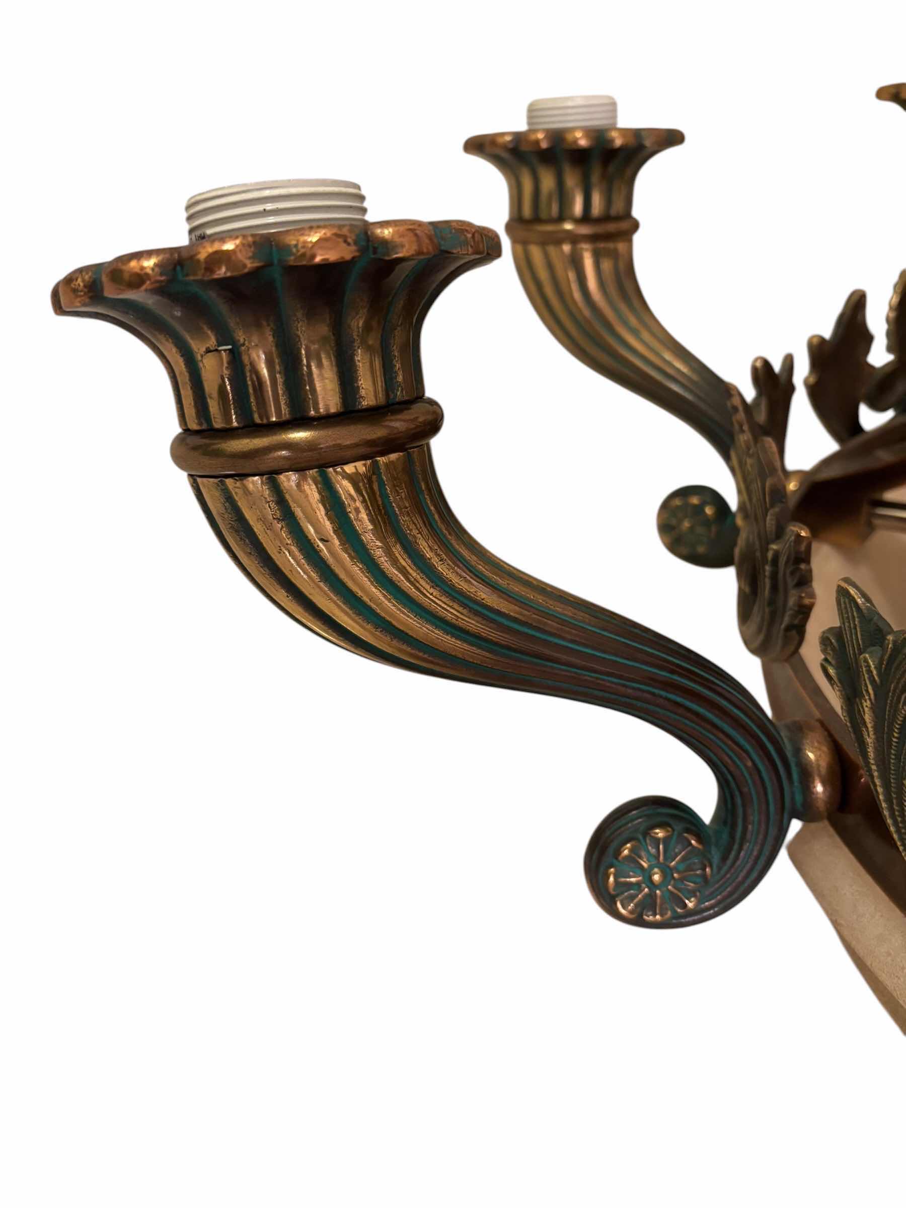 Photo 1 of ORNATE BRASS CHANDELIER 20”D OF LIGHT BOWL, 38” HANGING LENGTH WITH BOX OF SMALL LIGHT BOWLS & BULBS