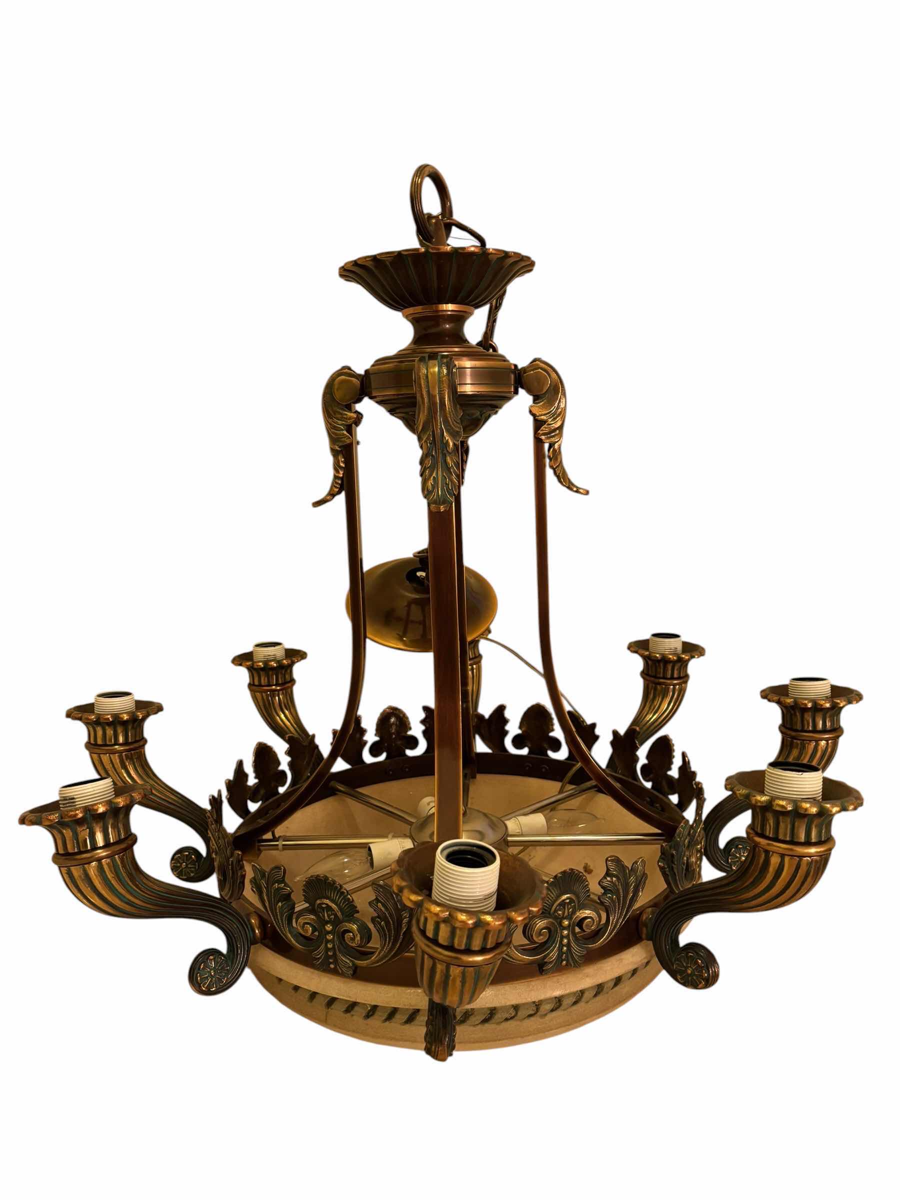 Photo 1 of ORNATE BRASS CHANDELIER 20”D OF LIGHT BOWL, 38” HANGING LENGTH WITH BOX OF SMALL LIGHT BOWLS & BULBS