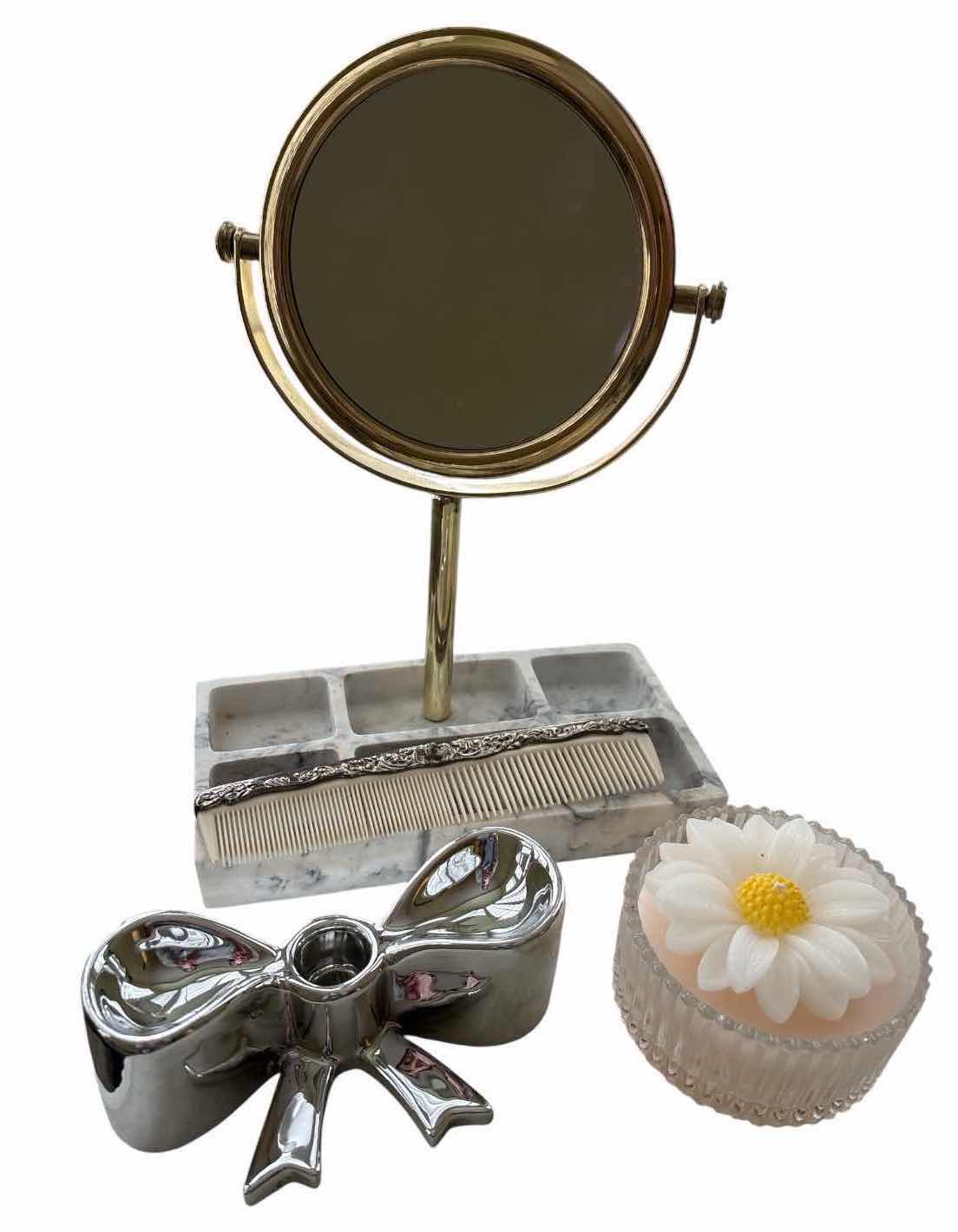Photo 1 of (4)PCS VINTAGE VANITY ACCESSORIES LOT – FAUX MARBLE MIRROR, ORNATE COMB, BOW & DAISY DISH H11”
