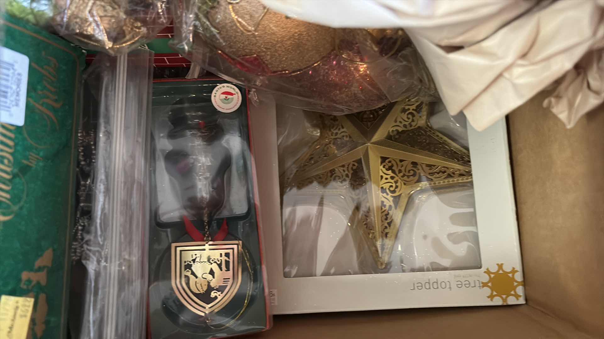 Photo 1 of BOX OF CHRISTMAS DECOR- ORNAMENTS, TREEE TOPPER & MORE