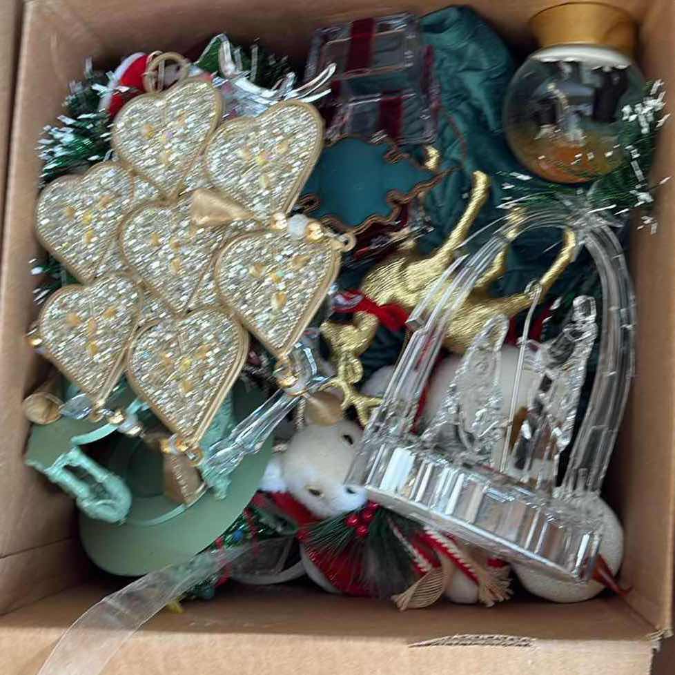 Photo 1 of BOX OF CHRISTMAS DECORATIONS-REINDEER, SNOW-GLOBE & MORE