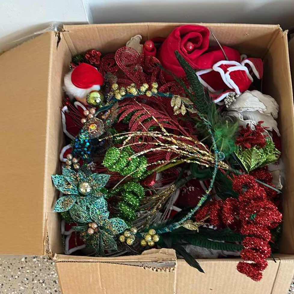 Photo 1 of BOX OF CHRISTMAS DECORATIONS- POINSETTIAS, FAUX GARLAND & MORE
