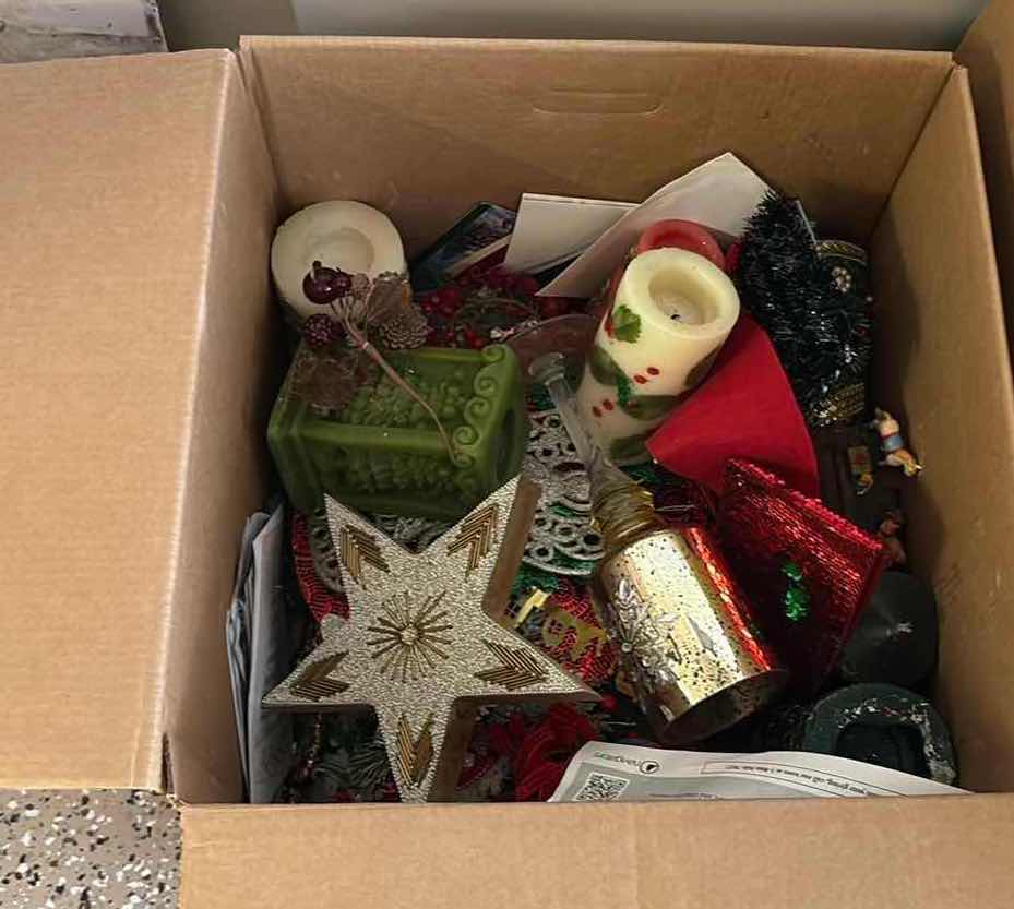 Photo 1 of BOX OF CHRISTMAS DECORATIONS- CANDLE HOLDER, SMALL ACCENT TREE & MORE