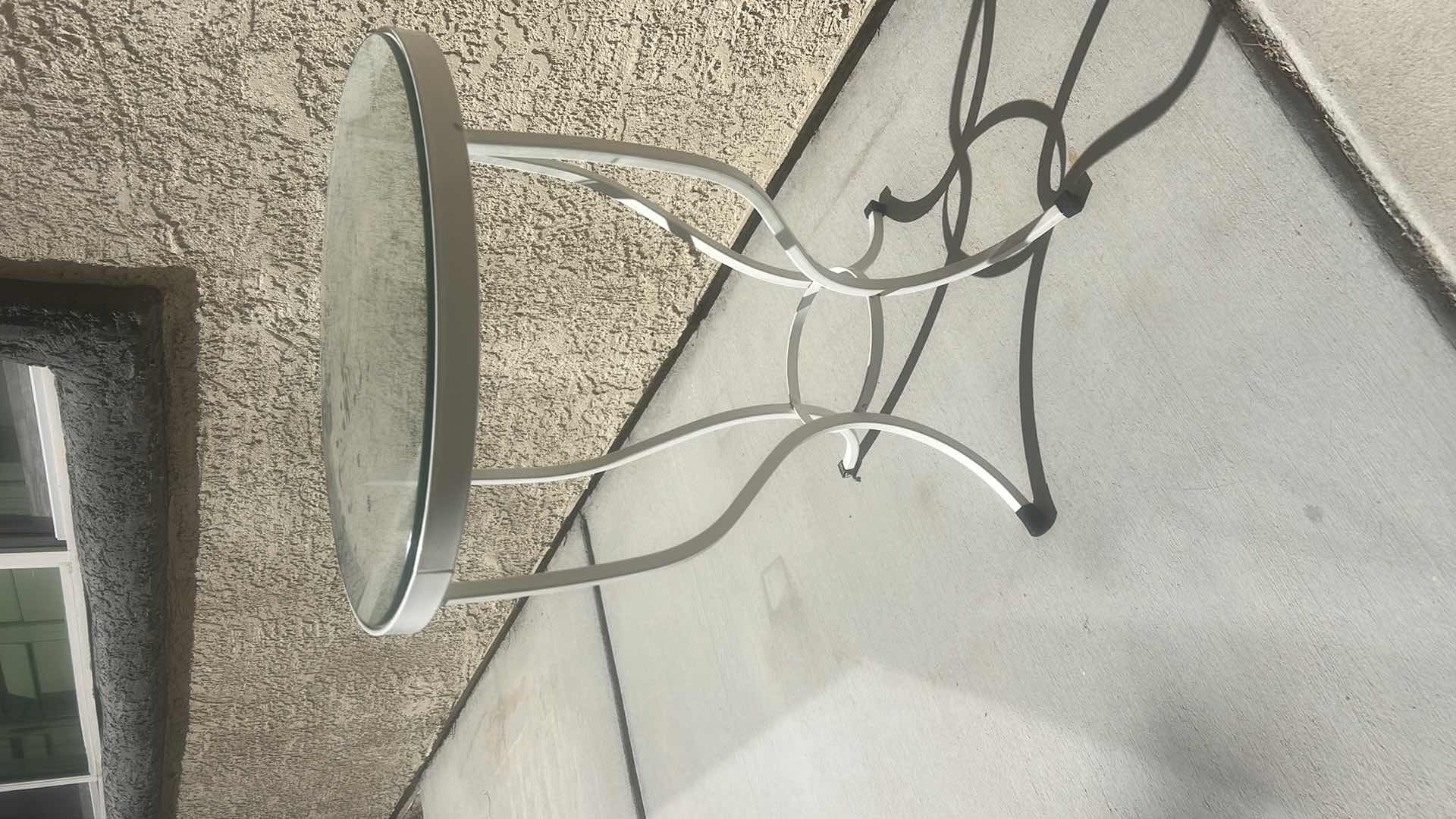 Photo 1 of VINTAGE WHITE WROUGHT IRON AND GLASS TOP SIDE TABLE 18” X H24”