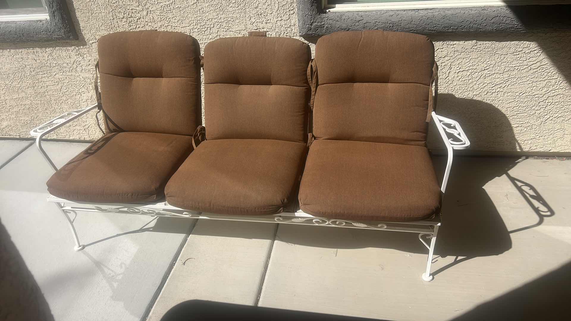 Photo 1 of VINTAGE WOODARD WROUGHT IRON PATIO SOFA WHITE FINISH SCROLLWORK ON THE ARMRESTS & WOOD INSERTS  CUSHIONS 73"  X 24 "  H29"