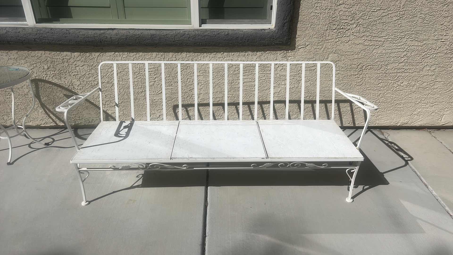 Photo 1 of VINTAGE WOODARD WROUGHT IRON PATIO SOFA WHITE FINISH SCROLLWORK ON THE ARMRESTS & WOOD INSERTS  CUSHIONS 73"  X 24 "  H29"