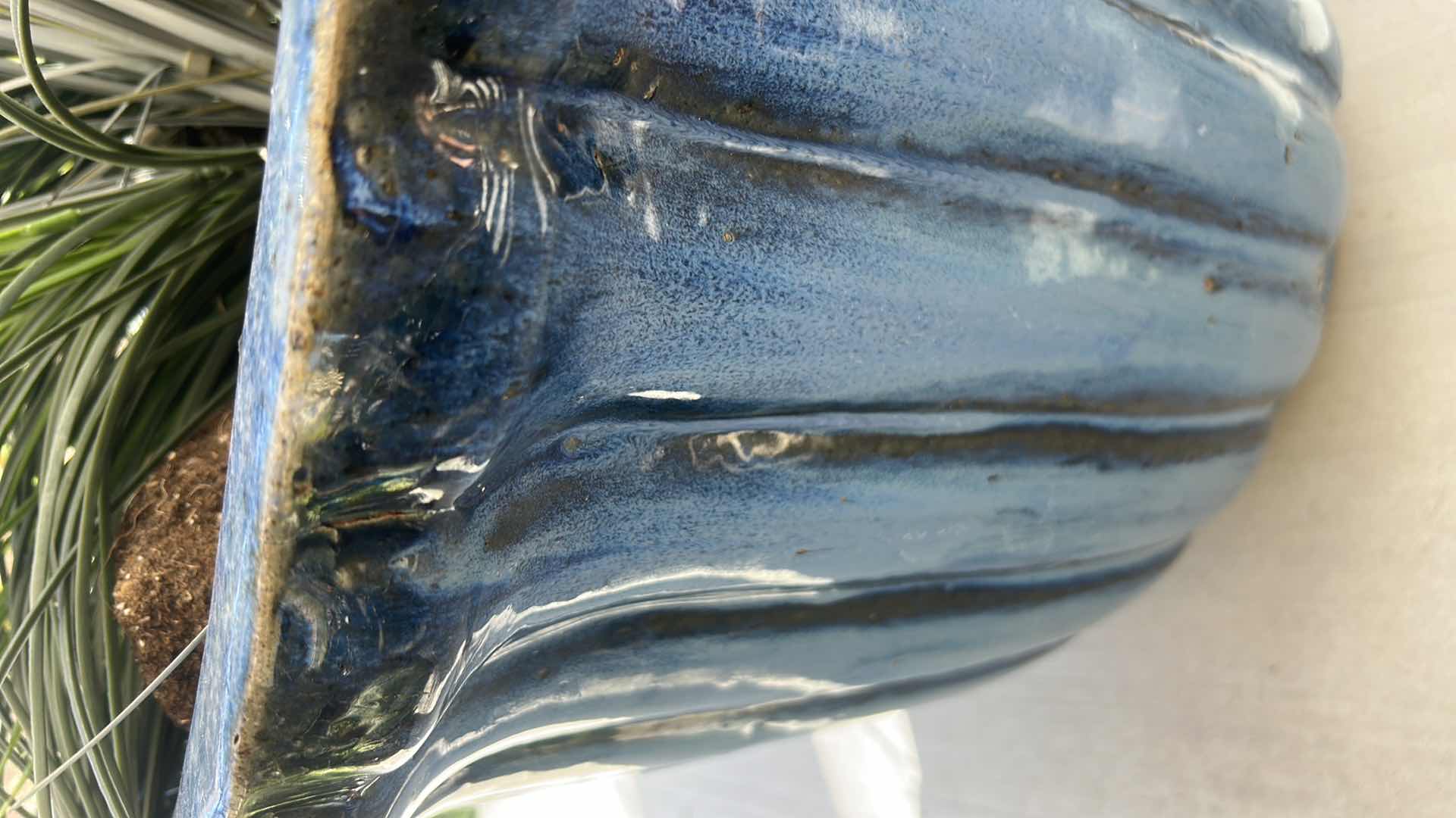 View 4 of BLUE FLUTED CERAMIC PLANTER 20 1/2” x H15 1/2 WITH FAUX GREENERY
