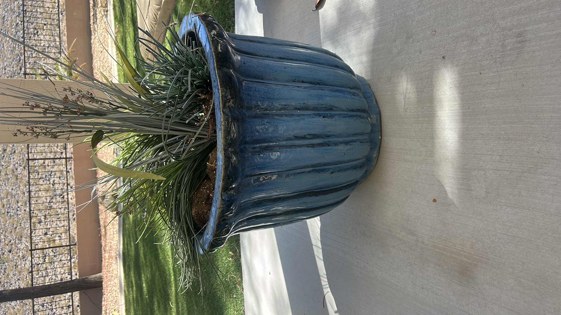 View 3 of BLUE FLUTED CERAMIC PLANTER 20 1/2” x H15 1/2 WITH FAUX GREENERY