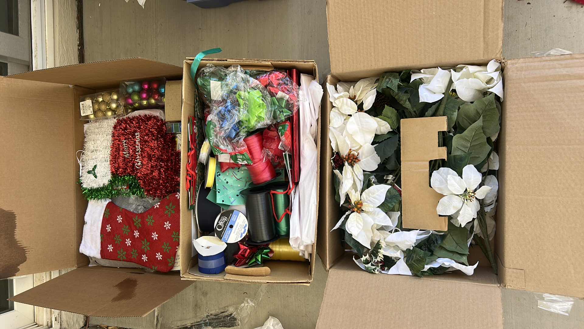 Photo 1 of THREE BOXES OF CHRISTMAS DECOR AND RIBBONS