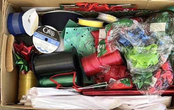 Photo 1 of THREE BOXES OF CHRISTMAS DECOR AND RIBBONS