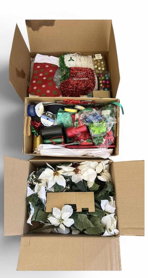 Photo 1 of THREE BOXES OF CHRISTMAS DECOR AND RIBBONS