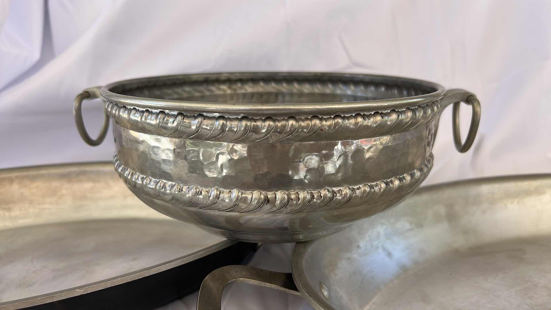 Photo 1 of VINTAGE HAND-WROUGHT ALUMINUM SERVING PIECES (LARGEST 15”)