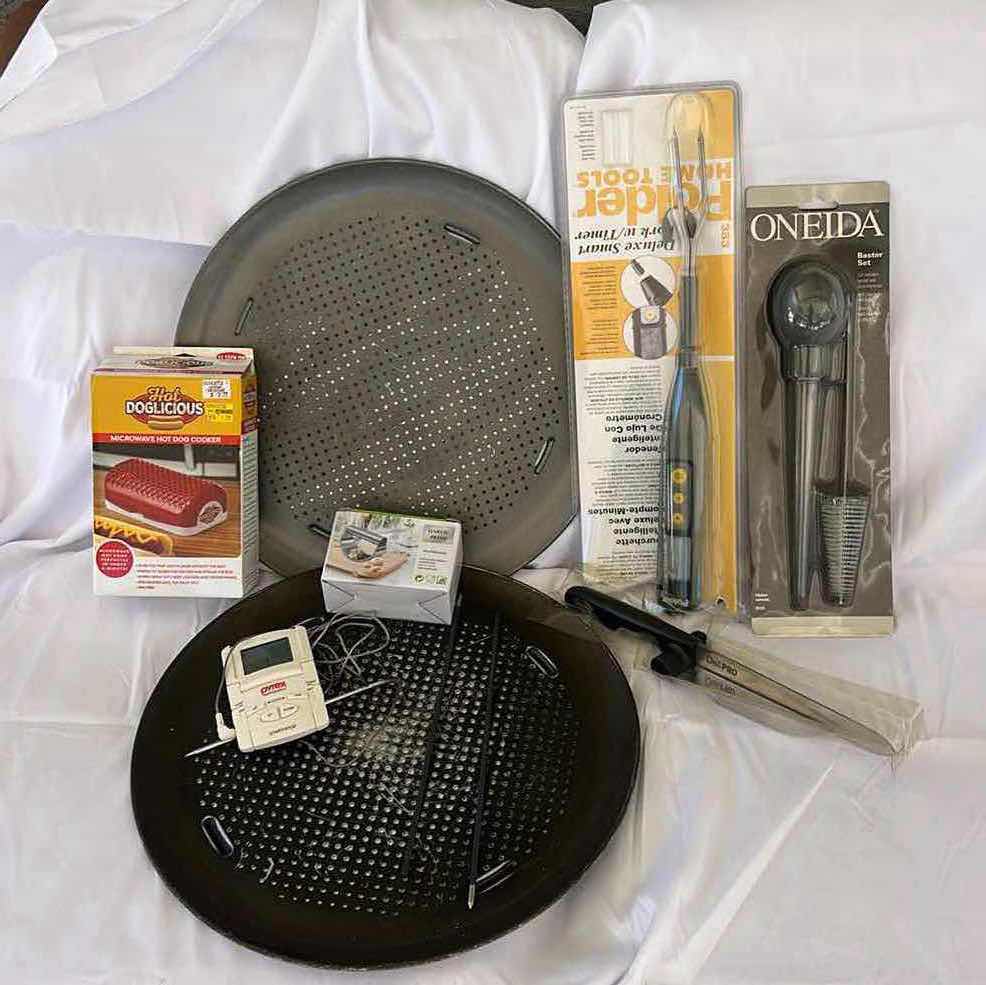 Photo 1 of GOODCOOK AIRPERFECT NONSTICK CARBON STEEL PIZZA PANS, ONEIDA COOKING TOOLS, MICROWAVE HOT DOG COOKER & ASSORTED KITCHENWARE