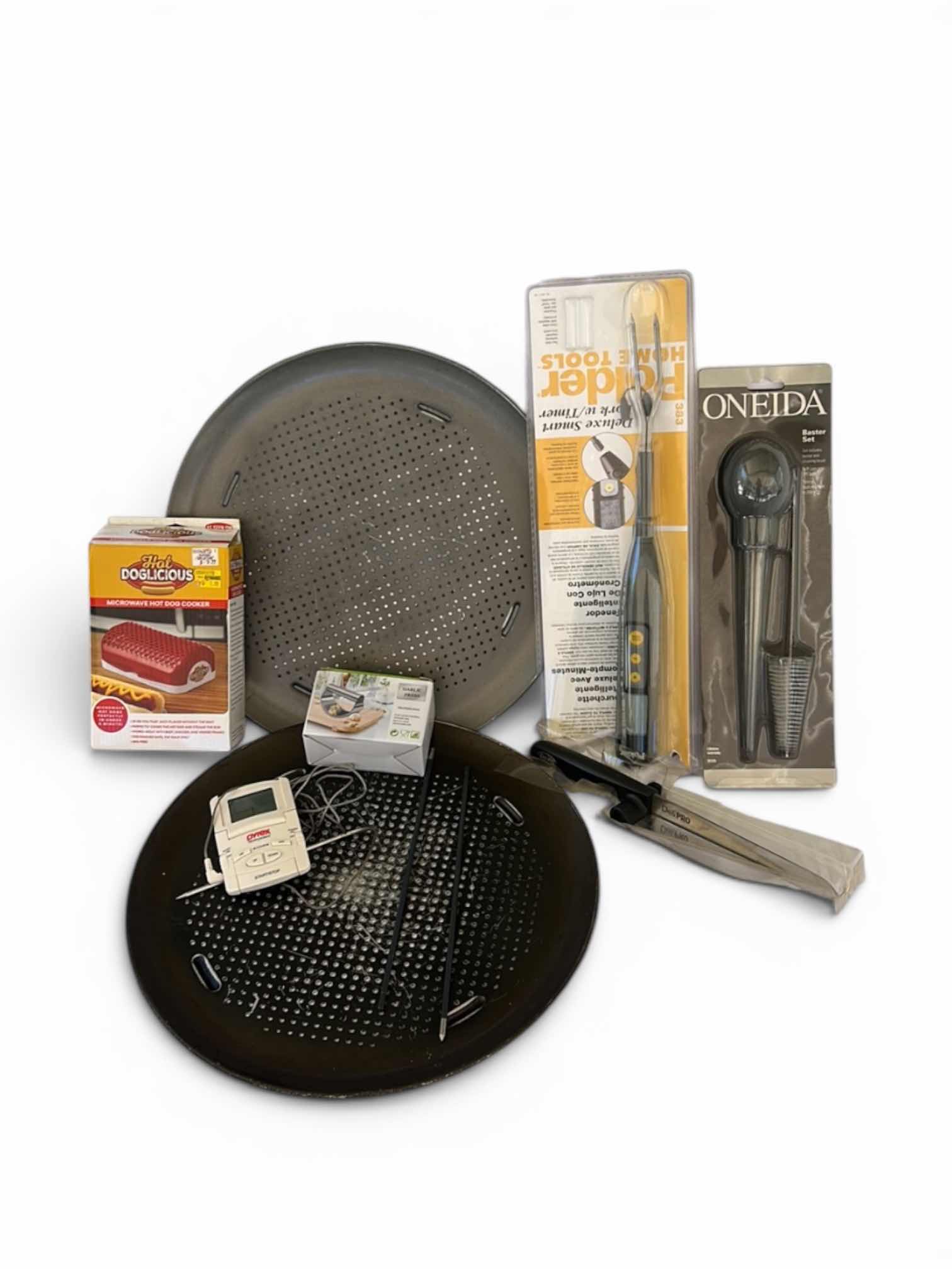Photo 1 of GOODCOOK AIRPERFECT NONSTICK CARBON STEEL PIZZA PANS, ONEIDA COOKING TOOLS, MICROWAVE HOT DOG COOKER & ASSORTED KITCHENWARE