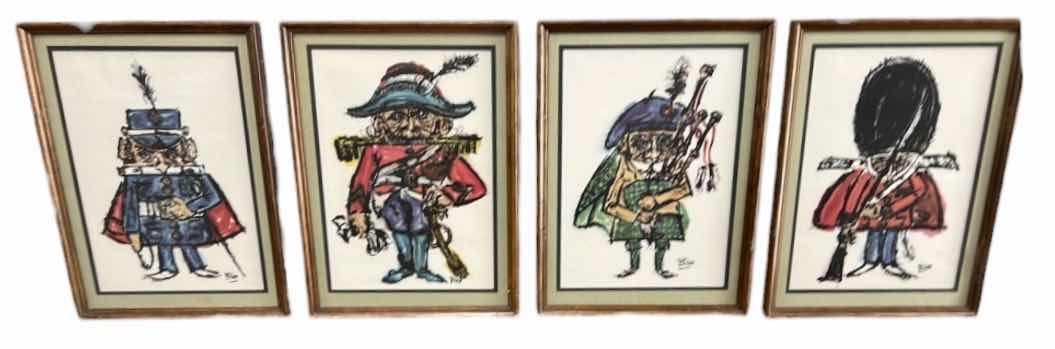 Photo 1 of FOUR FRAMED VINTAGE 1970S MILITARY CARICATURE PRINTS BY INTERCRAFT INDUSTRIES CORP ARTIST BLATT,  13” x H17 1/2”
