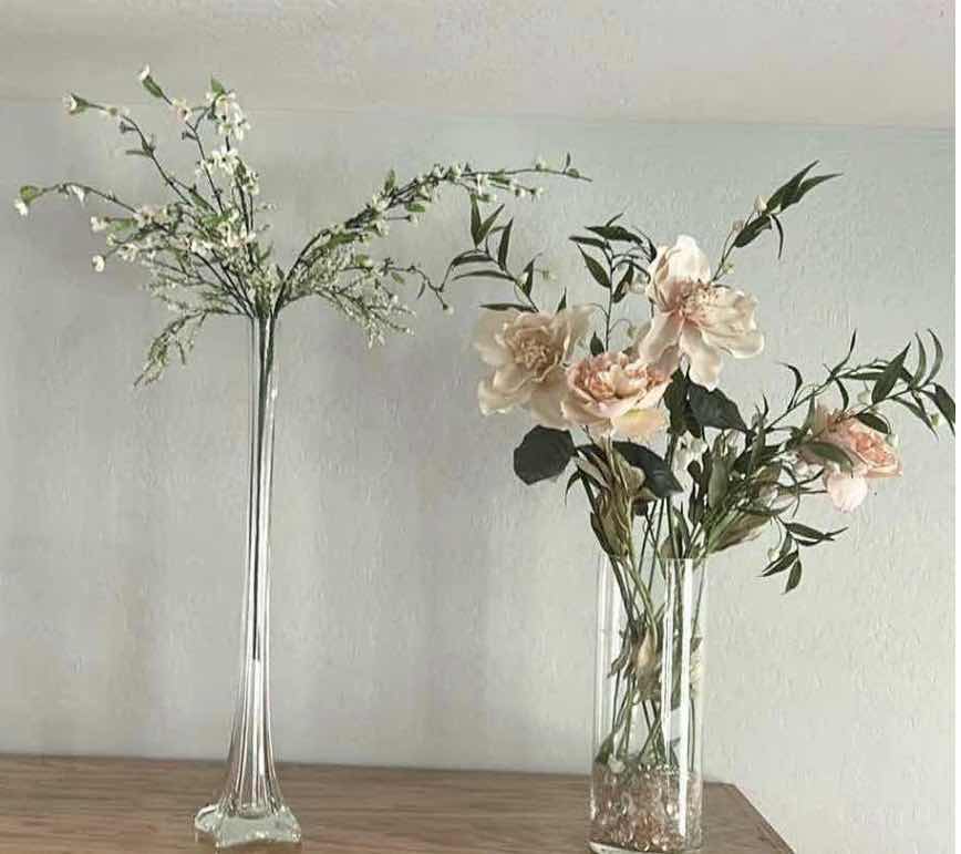 Photo 1 of TALL HEAVY CRYSTAL VASES WITH FAUX FLORAL (TALLEST H28”)
