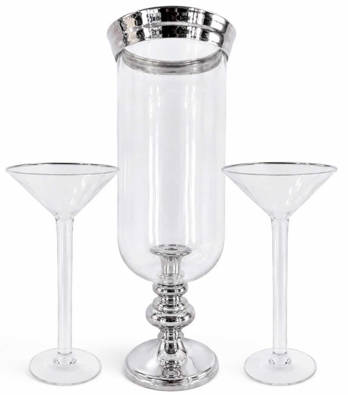 Photo 1 of HURRICANE CANDLE LAMP H21”AND TWO SILVER RIMMED GLASS CANDLE HOLDERS