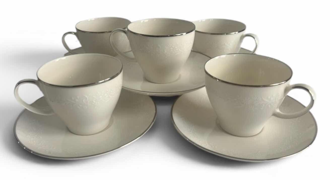 Photo 1 of 5 TEACUPS & SAUCERS, SILVER WHITE, FINE QUALITY CHINA 7964