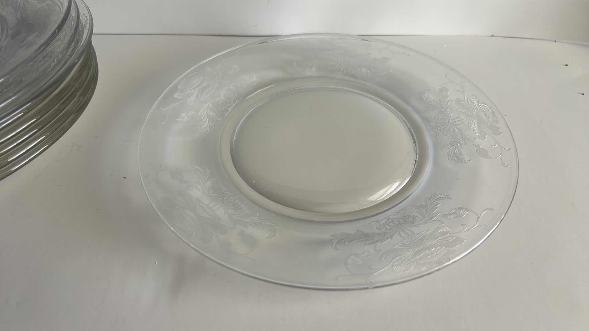 Photo 1 of VINTAGE TIFFIN FLANDERS CLEAR GLASS PLATES FEATURING A DISTINCTIVE FLORAL ETCHED PATTERN. 8.25”