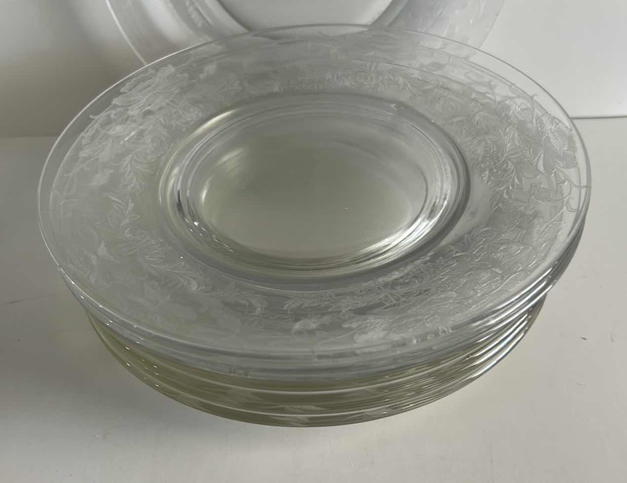 Photo 1 of VINTAGE TIFFIN FLANDERS CLEAR GLASS PLATES FEATURING A DISTINCTIVE FLORAL ETCHED PATTERN. 8.25”