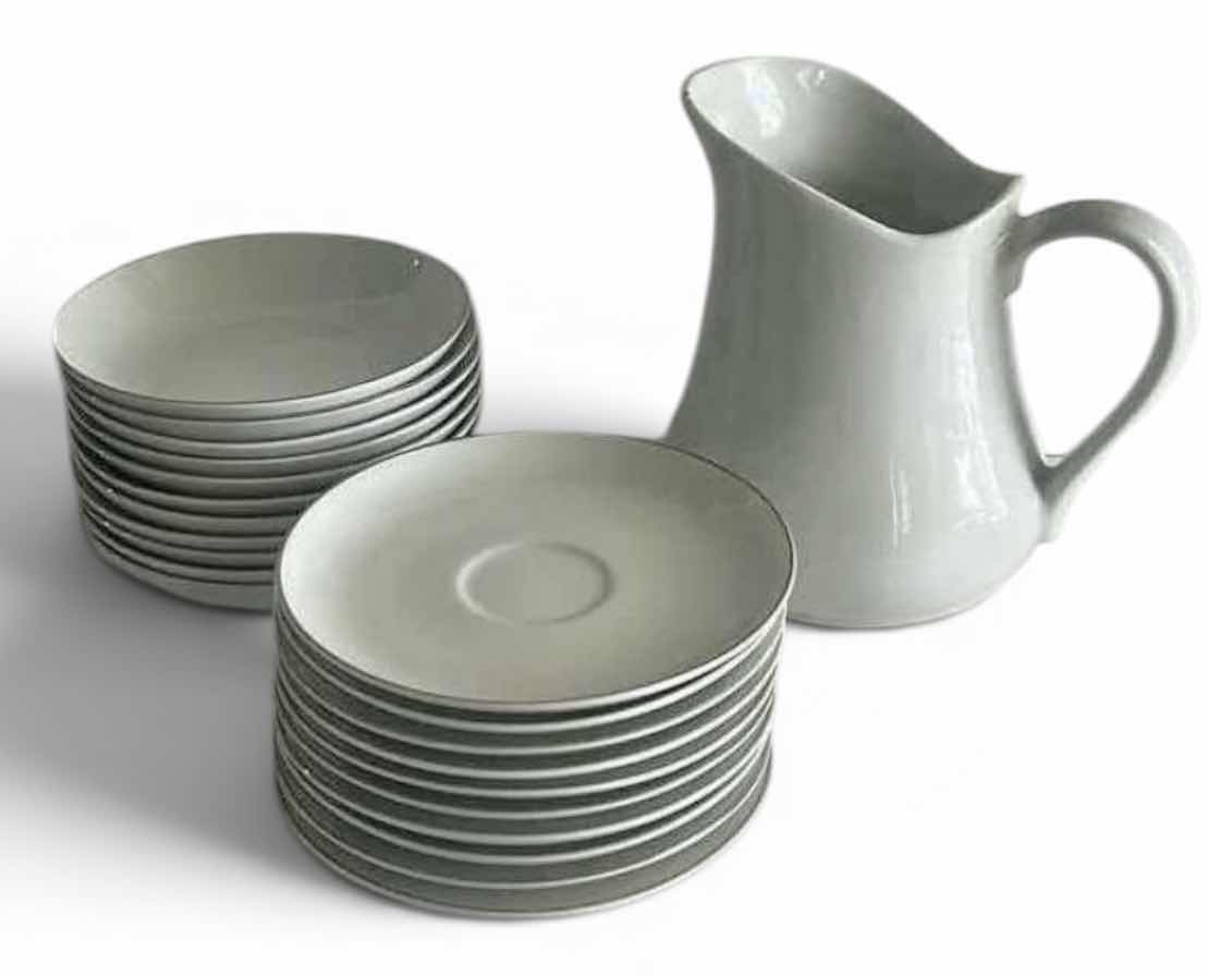 Photo 1 of 22 PC WHITE DINNERWARE, SILVER WHITE FINE QUALITY CHINA & PITCHER