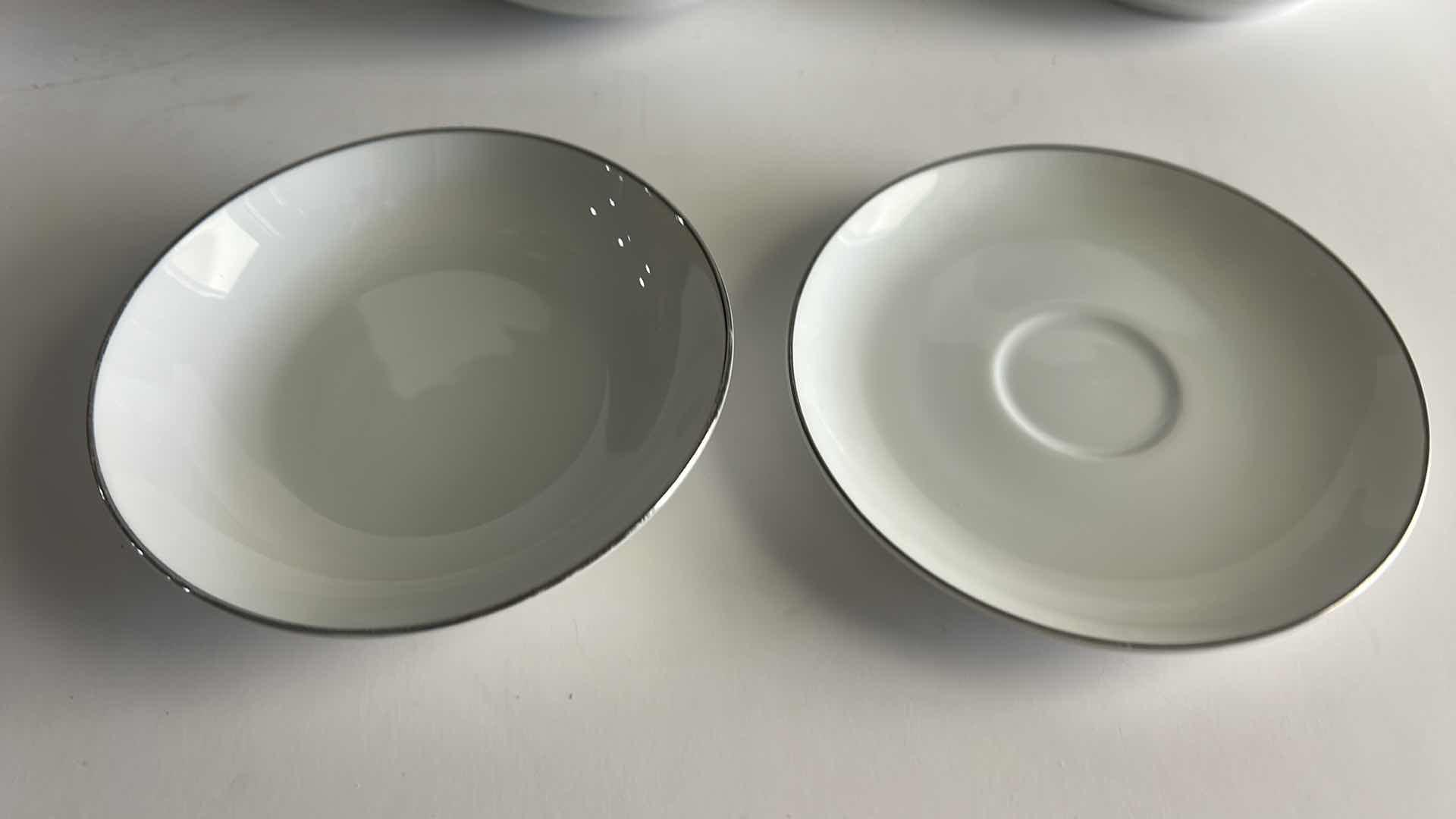 Photo 1 of 22 PC WHITE DINNERWARE, SILVER WHITE FINE QUALITY CHINA & PITCHER