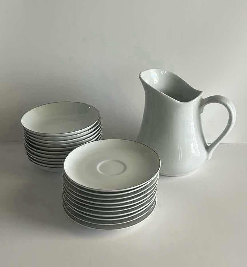 Photo 1 of 22 PC WHITE DINNERWARE, SILVER WHITE FINE QUALITY CHINA & PITCHER