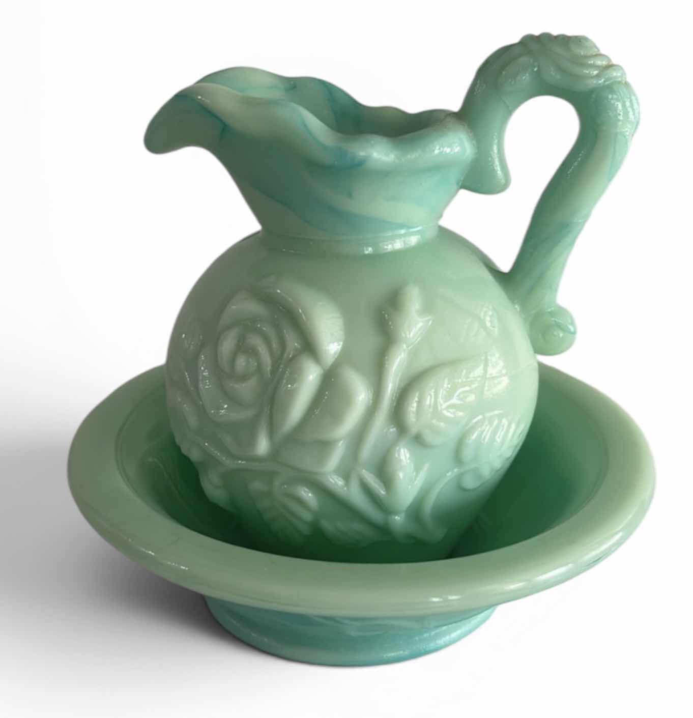 Photo 1 of AVON JADEITE GREEN SLAG GLASS PITCHER AND WASH BASIN SET H4.5”