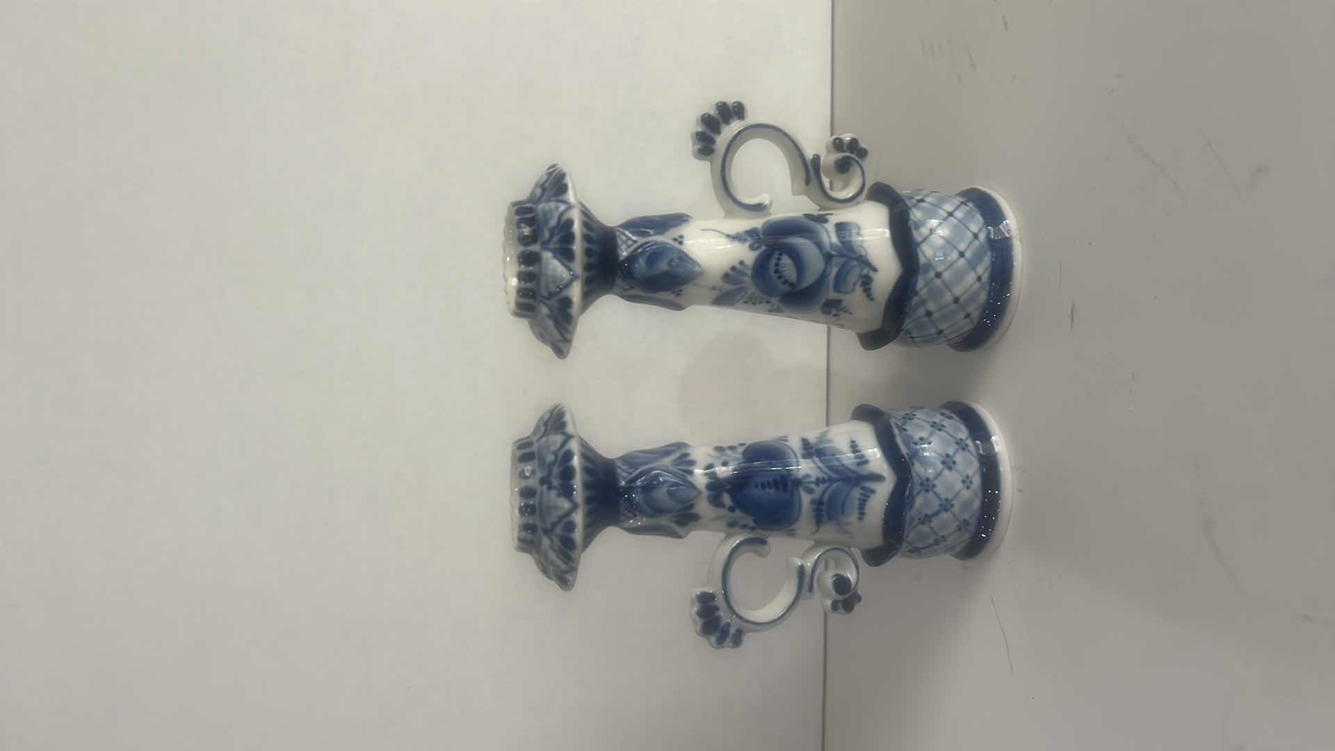 Photo 1 of VINTAGE AUTHENTIC RUSSIAN GZHEL PORCELAIN CANDLESTICKS SET, SIGNED BY A. POPOV H 6"