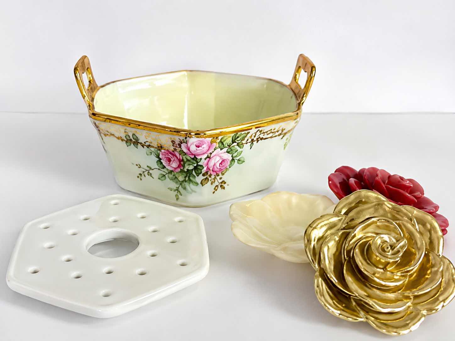 Photo 1 of NIPPON HAND-PAINTED PORCELAIN BOWL PINK ROSE FLORAL MOTIF GOLD-GILDED HANDLES, PORCELAIN FLOWER ROSE CANDLES. 5 1/2“ X H3“